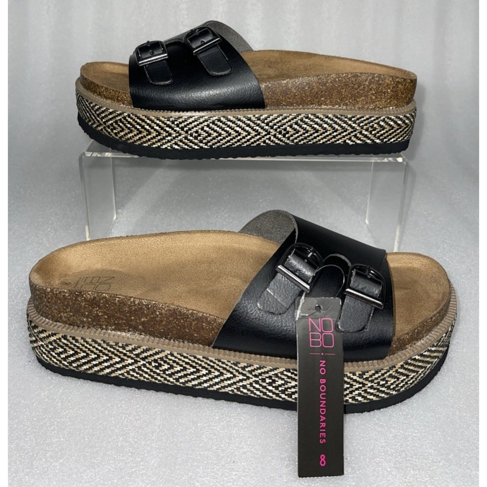 No Boundaries Women's Platform Cork Footbed Slip On Black Sandals Size 8 NEW‎